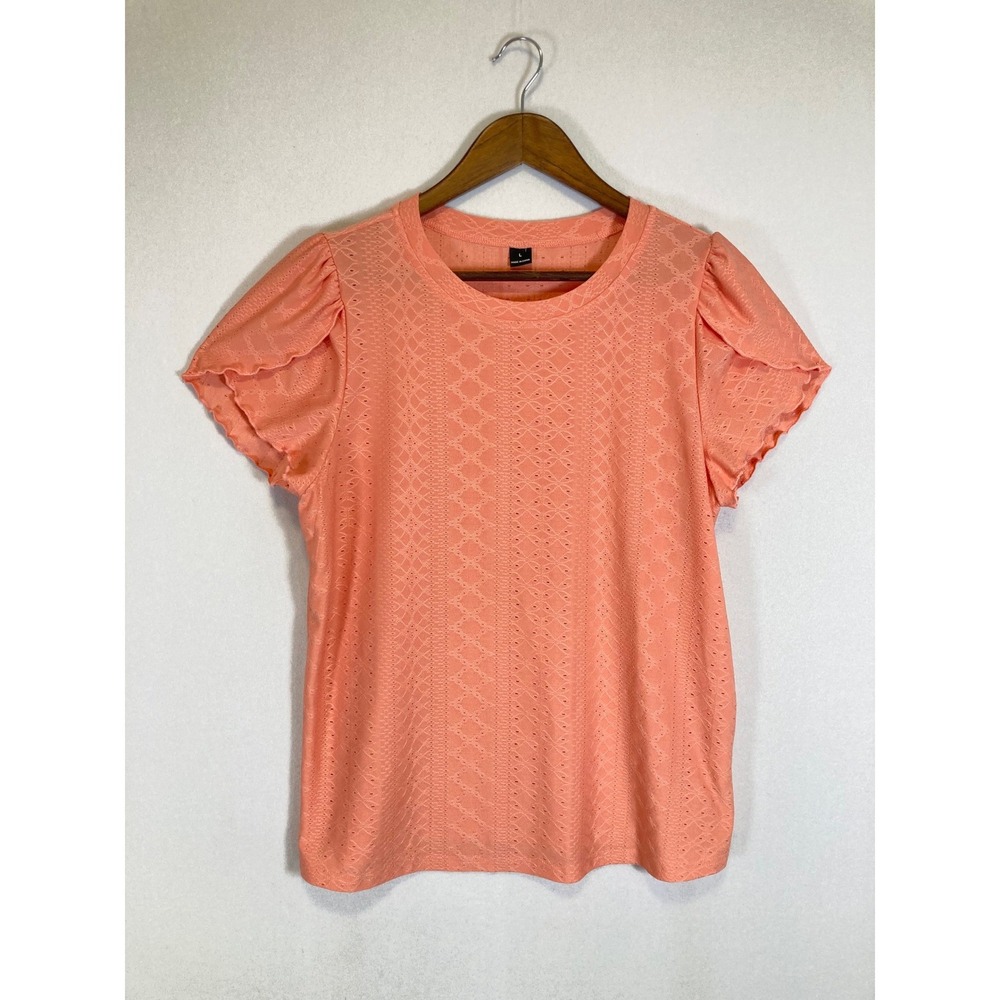 Boho Coquette Women Lg Coral Eyelet Pointelle Ruffle Petal Sleeve Top sz24041